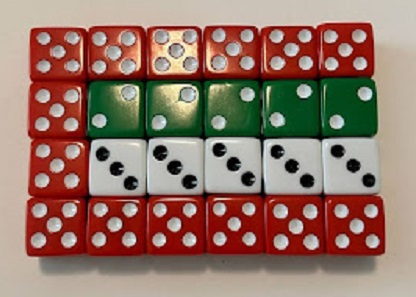 4 rows of 6 dice each. First row is
6 red dice showing 5's. Second row is a red dice with a 5 and 5 green dice showing 2's. The third row is a red dice with a 5 and 5 white
dice showing 3's. The fourth row is 6 red dice again showing 5's.