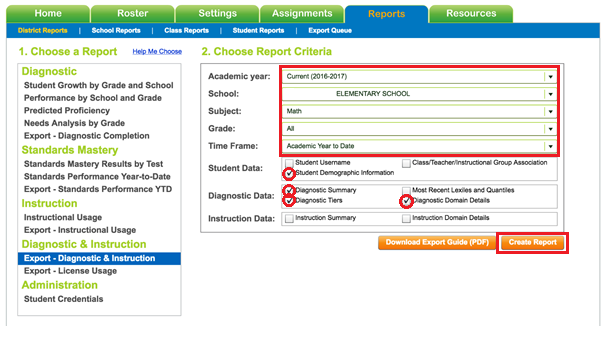 iReady Report Selections Screen-shot