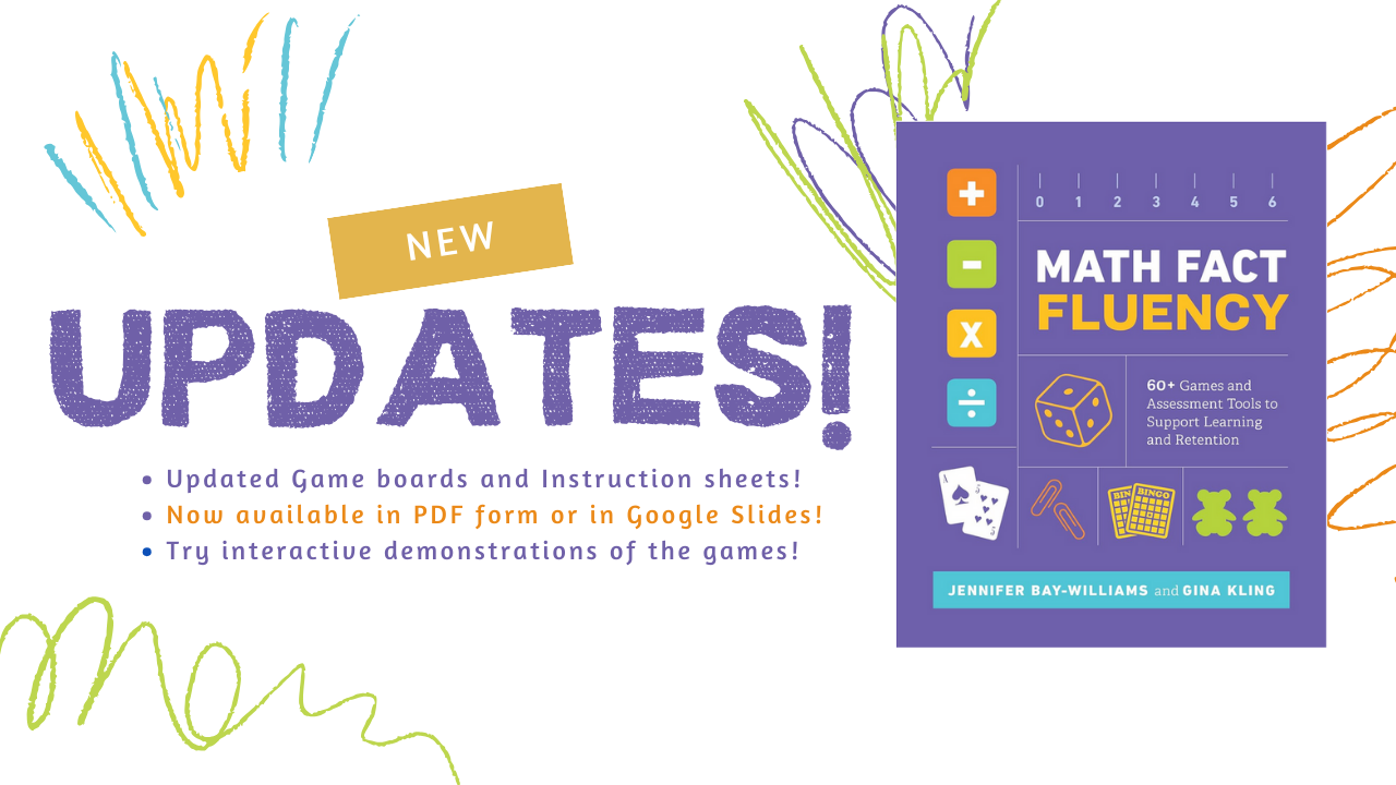 Math Fact Fluency book proclaiming updated gameboards abd instructions in PDF form or Google slides and interactive demonstrations of the games.